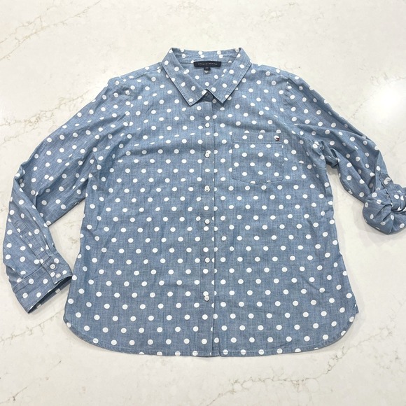 Tommy Hilfiger Tops - Tommy Hilfiger Button Up Shirt Womens XL Blue Cotton Polka Dot Chambray Roll Tab